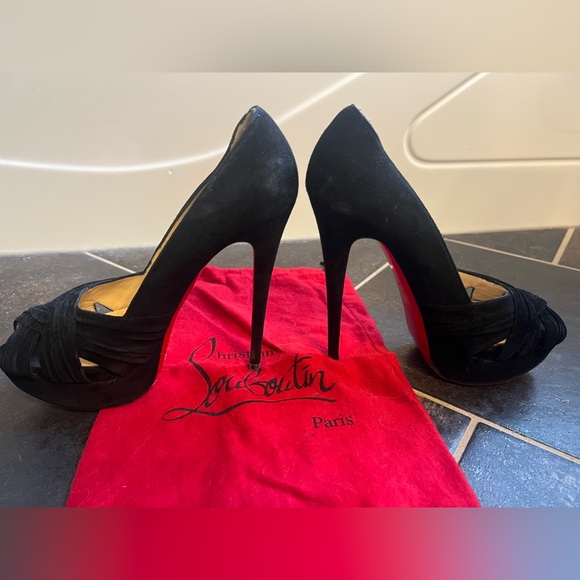 Authentic Christian Louboutin Greissimo Black Suede Peep Toe Heels Sz 40 (9–9.5) - Picture 2 of 11